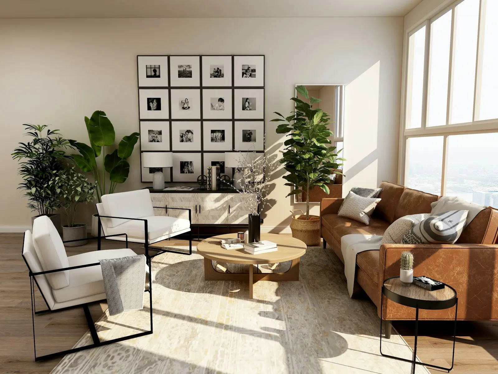 A furnished living room with a brown leather sofa, white chairs, plants, and strong window light.